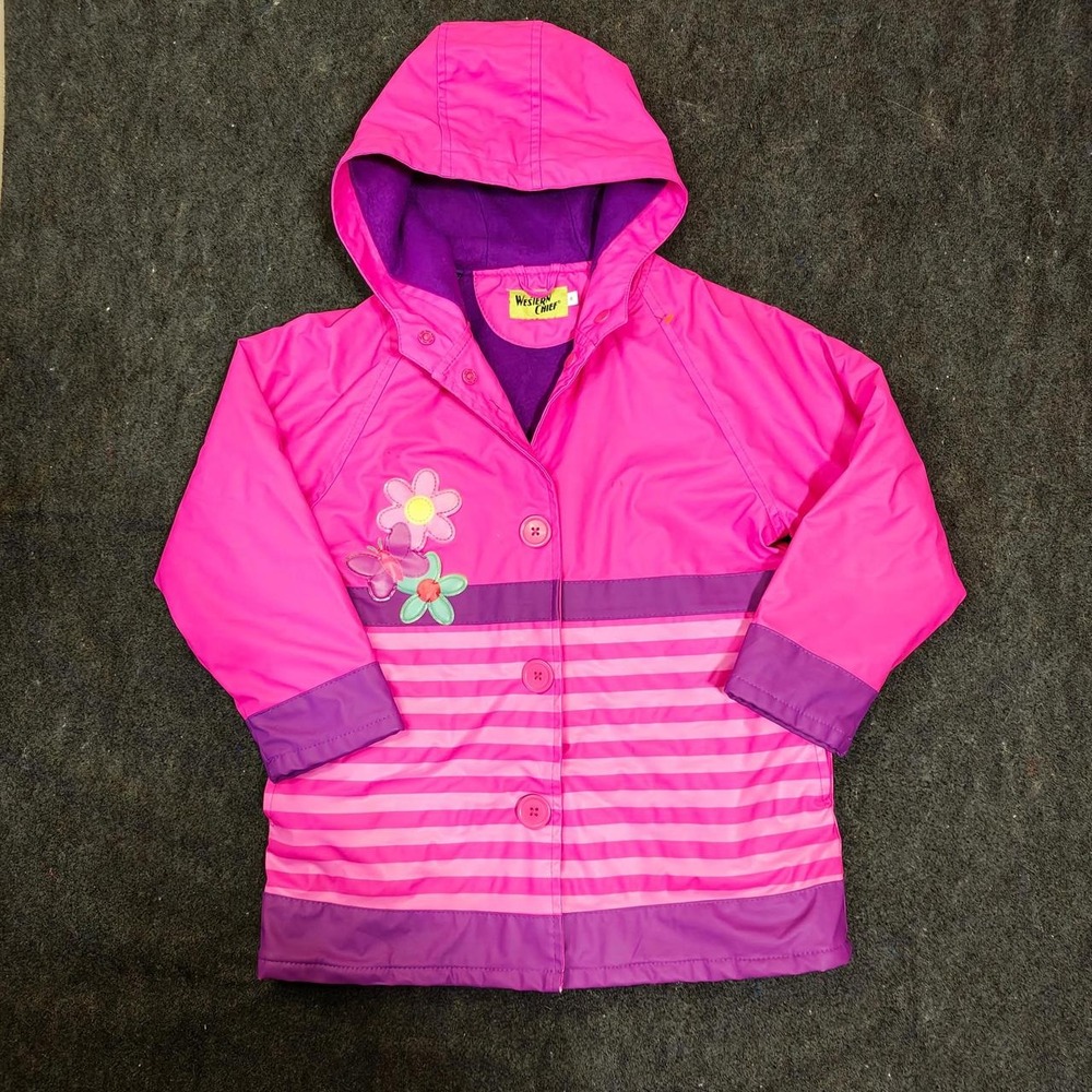 Western Chief Kids Pink Purple Striped Flower Butterfly Hooded Rain Jacket 6